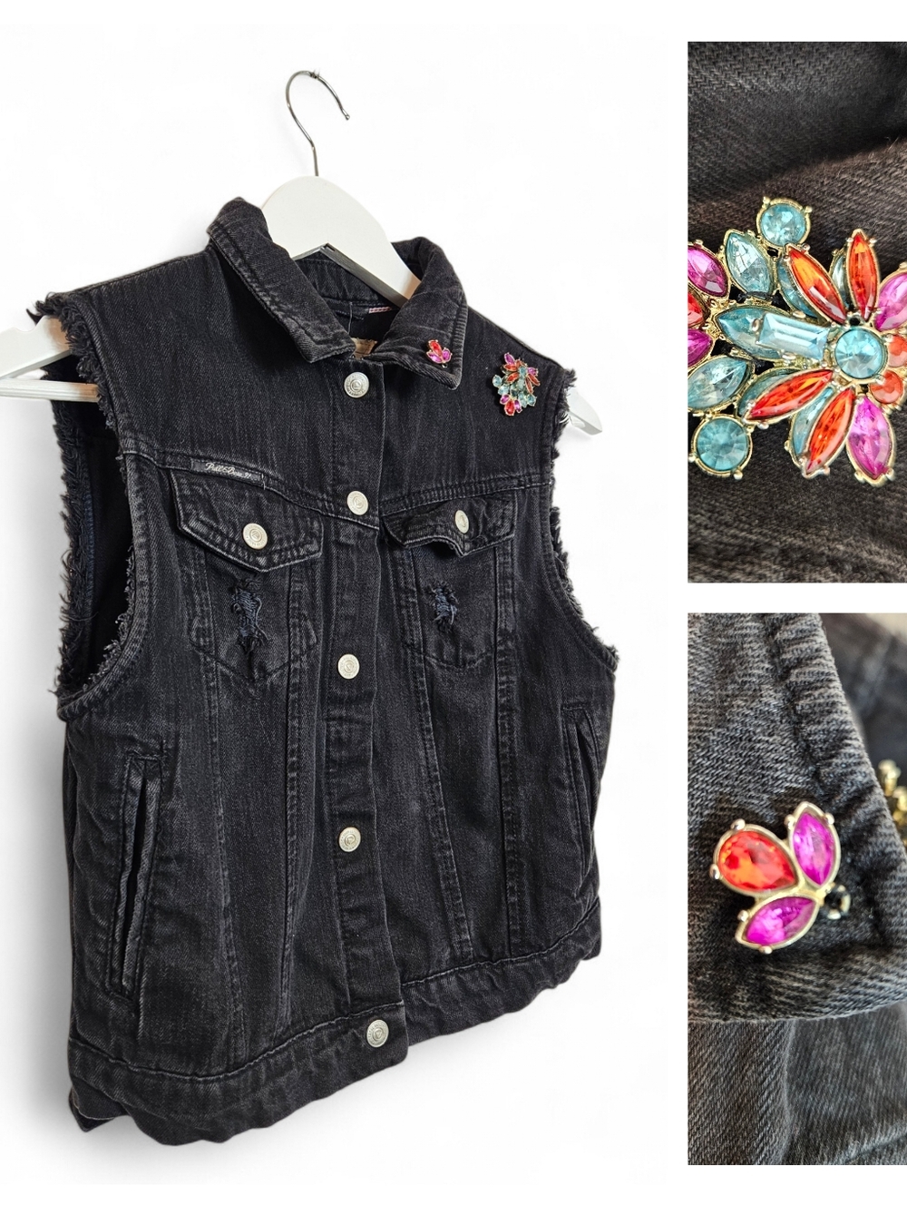 Pull & Bear Denim Vest XS Rhinestone Distressed Trucker Y2K Grunge Western Black